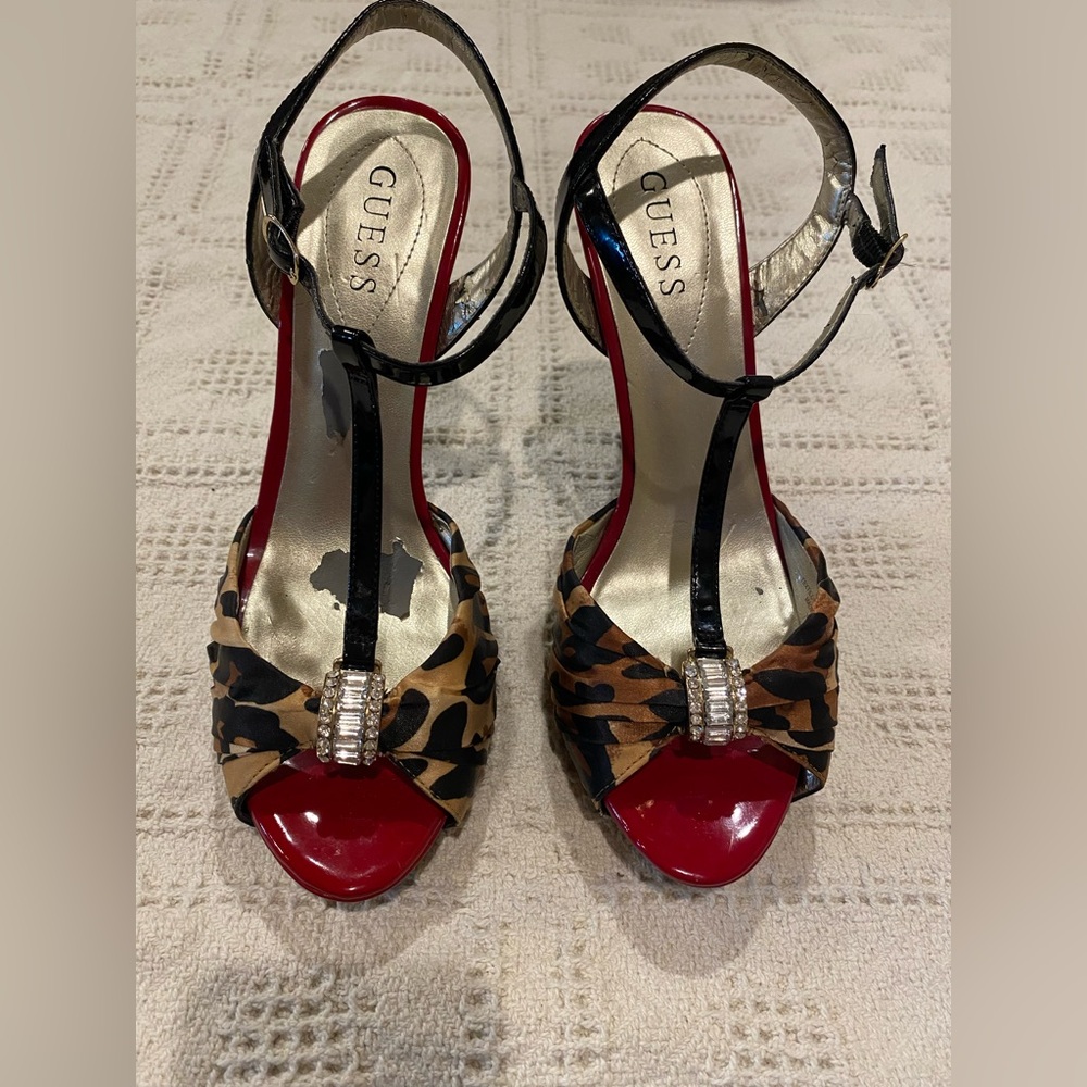 Guess Open Toed Strappy Cheetah Print High Heels Rhinestones Women’s 7 1/2 M